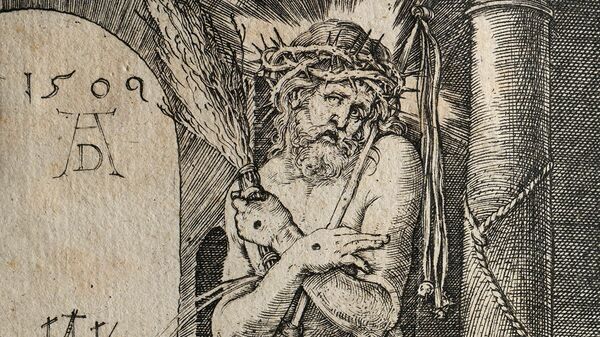 Гравюра Альбрехта Дюрера Христос, стоящий у колонны (начало XVI века), представленная на выставке Альбрехт Дюрер и его эпоха. Немецкая гравюра конца XV — первой половины XVI века из собрания Исторического музея