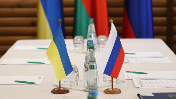 Флажки на столе, за которым прошли российско-украинские переговоры