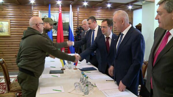 Представители российской и украинской делегаций на переговорах пожали друг другу руки