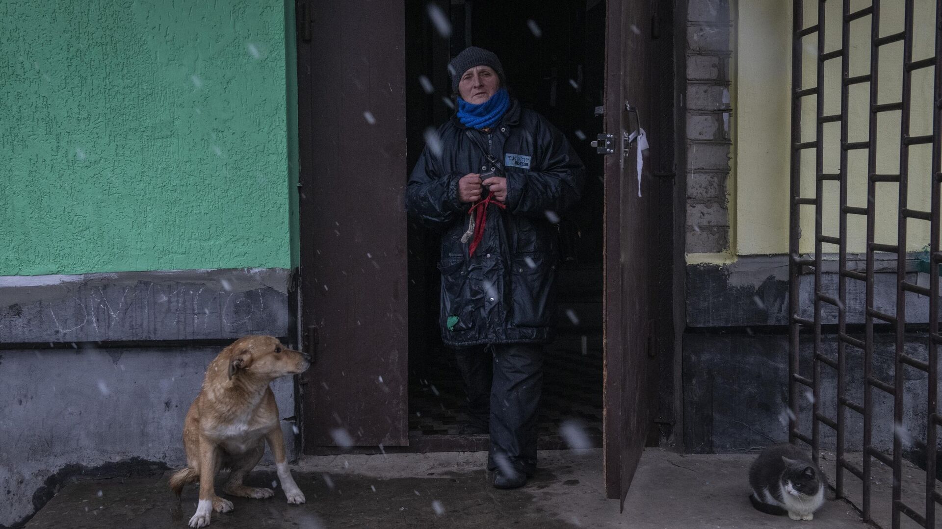 Женщина выходит из подъезда жилого дома в освобожденном городе Счастье в Луганской народной республике - РИА Новости, 1920, 29.03.2022