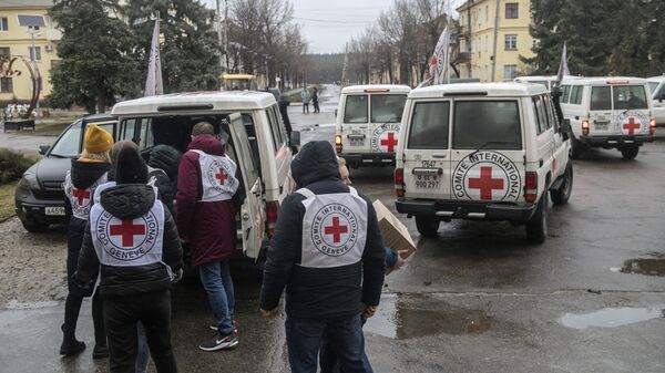 Сотрудники международного комитета Красного креста разгружают гуманитарную помощь в освобожденном городе Счастье в Луганской народной республике