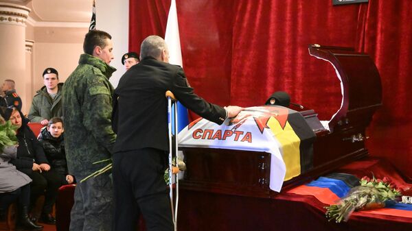 Прощание с командиром разведывательного батальона Спарта из ДНР Владимиром Жогой в Донецке