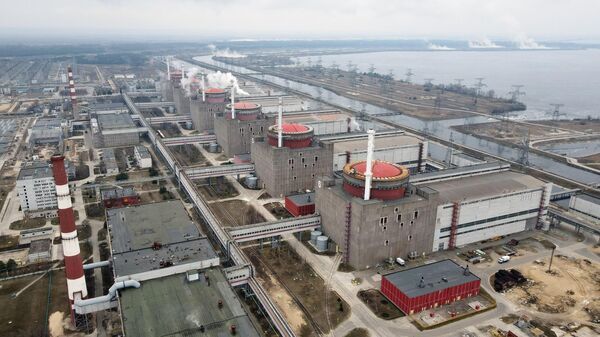 Запорожская атомная электростанция, расположенная в степной зоне на берегу Каховского водохранилища в городе Энергодаре