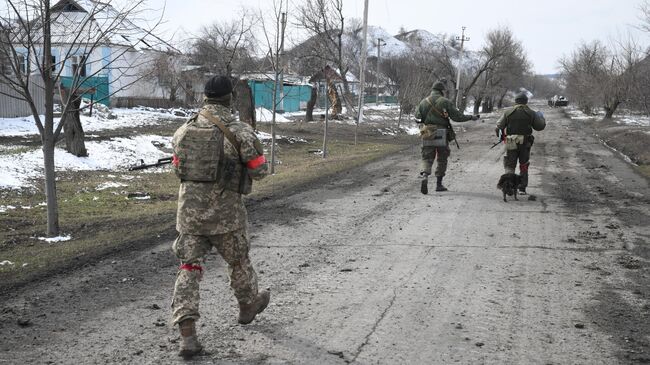 Бойцы Народной милиции ДНР на дороге села Новотроицкое Волновахского района