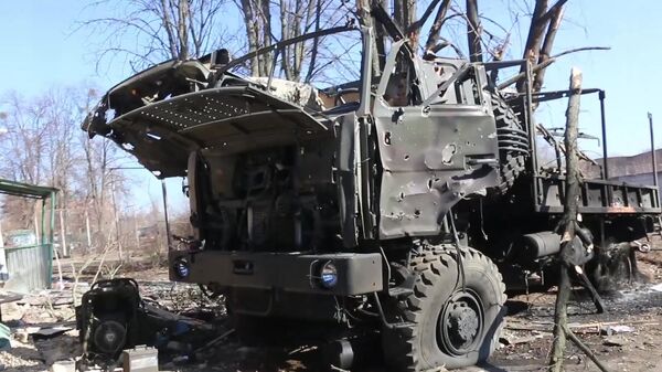 Военный автомобиль ВСУ, уничтоженный российскими десантниками на Украине