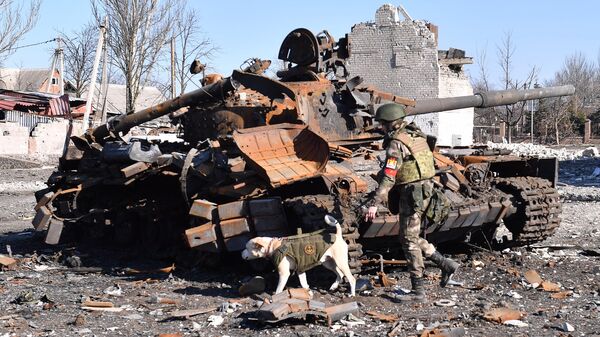 Кинолог батальона Спарта со служебной собакой осматривают разрушенный танк на улице Волновахи