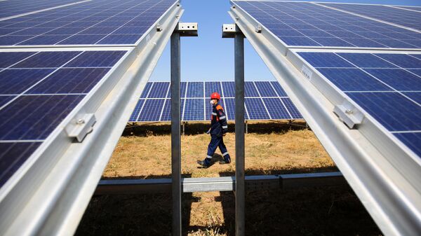 Сотрудник осматривает состояние фотоэлектрических элементов на солнечных панелях электростанции в Волгограде