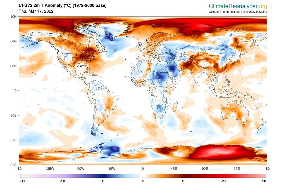 Карта отклонений температуры воздуха от нормы (в градусах Цельсия) по регионам мира 17 марта 2022 г. За норму принято среднее значение для этого дня за период наблюдений с 1979 по 2000 гг. - РИА Новости, 1920, 24.03.2022