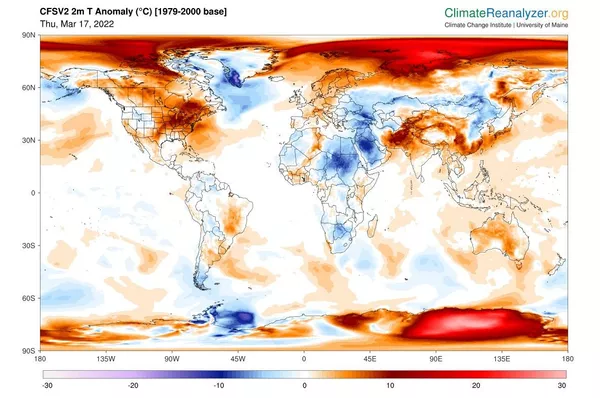 Карта отклонений температуры воздуха от нормы (в градусах Цельсия) по регионам мира 17 марта 2022 г. За норму принято среднее значение для этого дня за период наблюдений с 1979 по 2000 гг.