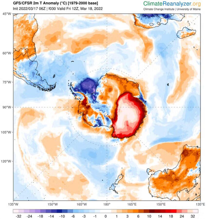 Карта отклонений температуры воздуха от нормы (в градусах Цельсия) над Антарктидой 18 марта 2022 г. За норму принято среднее значение для этого дня за период наблюдений с 1979 по 2000 г. - РИА Новости, 1920, 24.03.2022