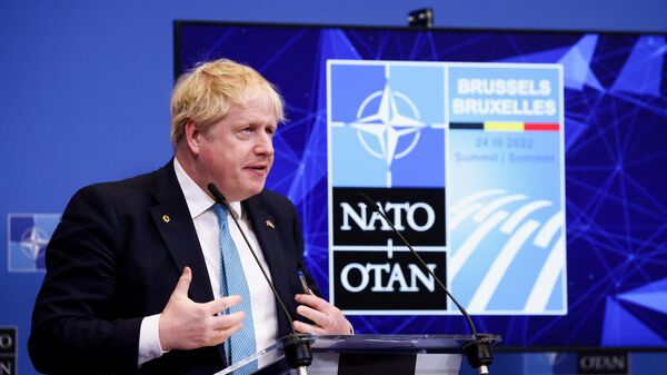 Премьер-министр Великобритании Борис Джонсон выступает на пресс-конференции после саммита НАТО в Брюсселе