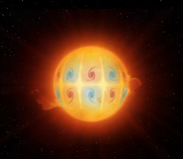 Художественное изображение высокочастотных вихревых потоков на Солнце