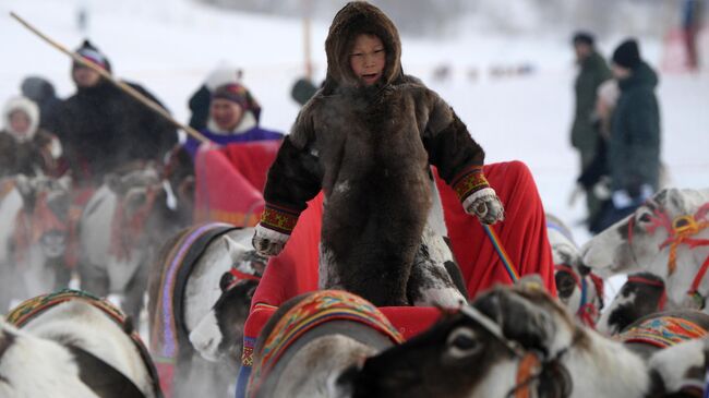 Участники гонок на оленьих упряжках в рамках национального праздника народов Крайнего Севера - Дня оленевода в Салехарде