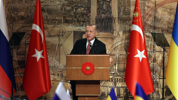 Президент Турции Реджеп Тайип Эрдоган выступает на российско-украинских переговорах во дворце Долмабахче в Стамбуле. 29 марта 2022