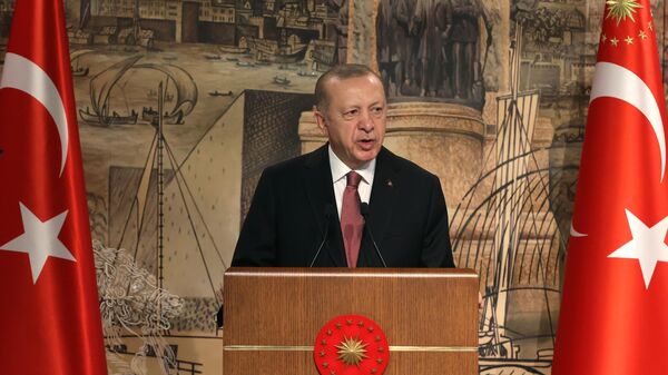 Президент Турции Реджеп Тайип Эрдоган выступает на российско-украинских переговорах во дворце Долмабахче в Стамбуле