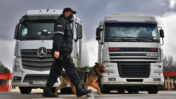 Кинолог со служебной собакой в международном пункте пропуска Урбаны на белорусско-латвийской границе