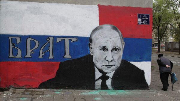 Граффити с изображением президента России Владимира Путина и надписью Брат на стене дома в Белграде
