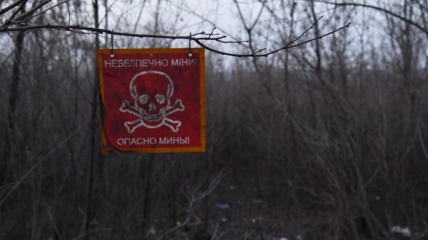 Вывеска с предупреждением о минах на передовой в районе села Крымское в Луганской области