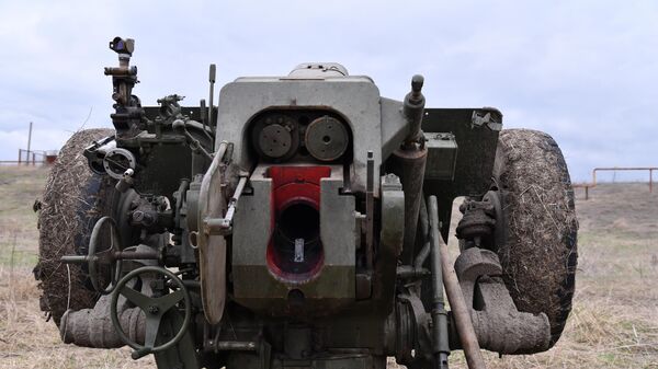 122-мм гаубица Д-30 Народной милиции ЛНР на позиции в Луганской области