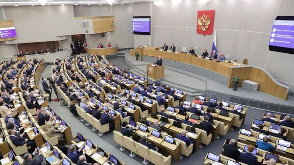 Председатель правительства РФ Михаил Мишустин выступает в Государственной думе РФ с отчетом о работе правительства