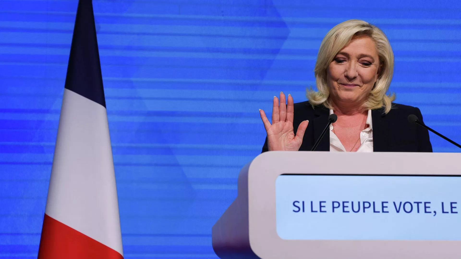 Marine Le Pen a franciaországi elnökválasztás első fordulójának előzetes eredményhirdetése közben - RIA Novosti, 1920, 2022.04.13.