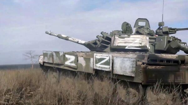 Танк Западного военного округа во время боевых действий в Харьковской области