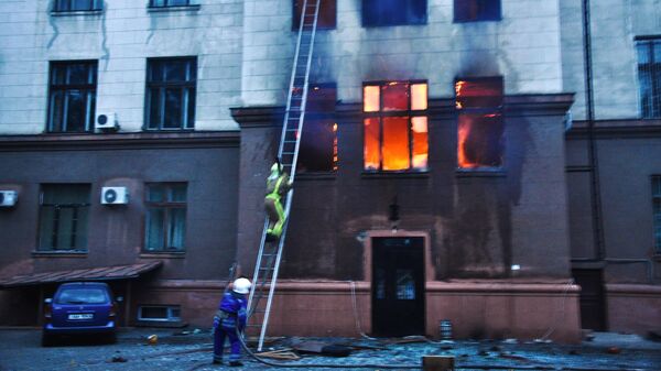 Пожар в здании Дома профсоюзов в Одессе.