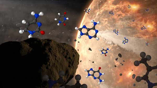 Художественное представление метеоритов, доставляющих на Землю азотистые основания — структурные блоки ДНК и РНК