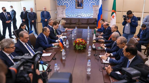 Министр иностранных дел РФ Сергей Лавров и министр иностранных дел Алжира Рамтан Ламамра на переговорах в Алжире