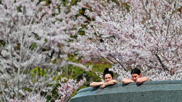 Туристы отдыхают в открытых термальные купелях – онсэнах в Японском саду Шесть чувств на территории Mriya Resort & SPA в Крыму