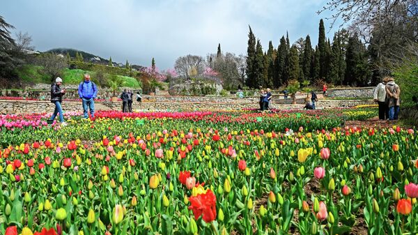 Туристы на параде тюльпанов в Никитском ботаническом саду в Крыму
