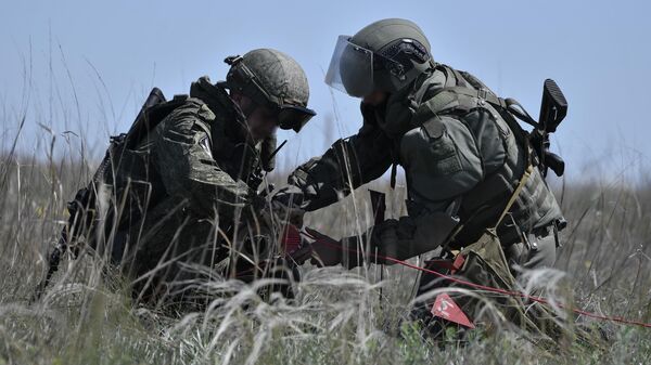 Военнослужащие подразделения инженерно-сапёрной бригады ВС РФ во время разминирования противотанковых мин на Арабатской стрелке
