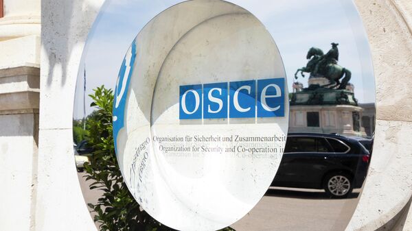 Логотип ОБСЕ на здании в Вене, где проходит заседание постоянного совета Организации по безопасности и сотрудничеству в Европе