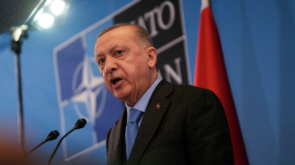 Президент Турции Реджеп Тайип Эрдоган выступает на пресс-конференции после внеочередного саммита НАТО