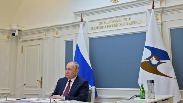 Президент РФ Владимир Путин участвует в режиме видеоконференции в пленарной сессии первого Евразийского экономического форума, который проходит в Бишкеке
