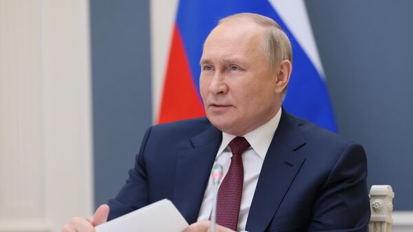 Президент России Владимир Путин участвует в режиме видеоконференции в пленарной сессии первого Евразийского экономического форума, который проходит в Бишкеке