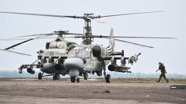 Вертолеты Ми-8 АМТШ  и Ка-52 на полевом аэродроме ВКС России в зоне проведения специальной военной операции