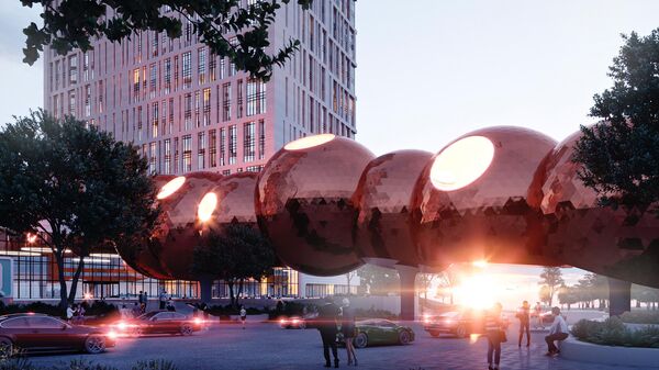 Проект пешеходного моста из зеркальных сфер на территории Москва-Сити