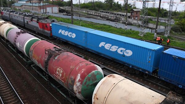 Вагоны контейнерного поезда во Владивостоке
