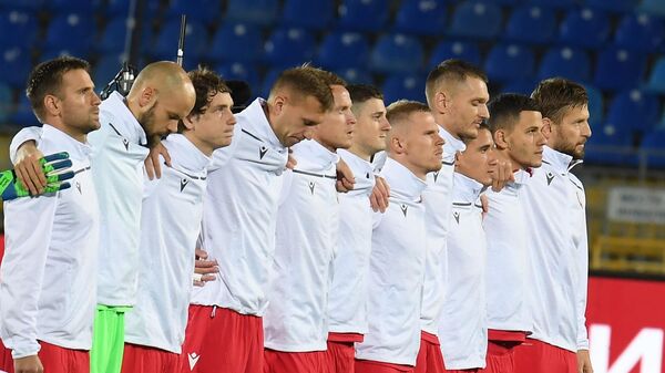 Футболисты сборной Белоруссии перед матчем