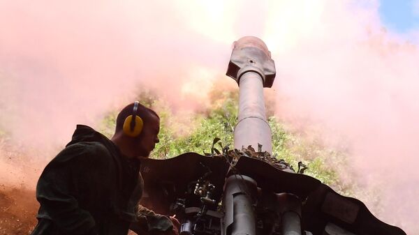 Боец артиллерийского расчета Народной милиции ЛНР ведет огонь из 152-миллиметровой гаубицы Д-20 по позициям ВСУ с окраин Попасной