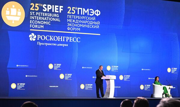 Президент РФ Владимир Путин выступает на пленарном заседании XXV Петербургского международного экономического форума