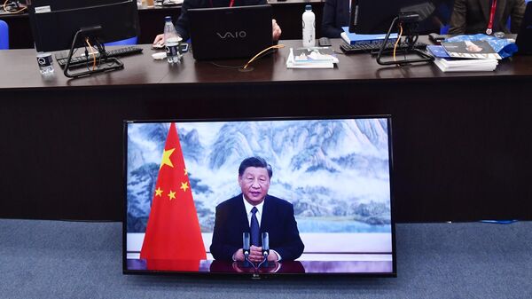 Экран с трансляцией выступления председателя КНР Си Цзиньпиня на XXV Петербургском международном экономическом форуме в конгрессно-выставочном центре Экспофорум