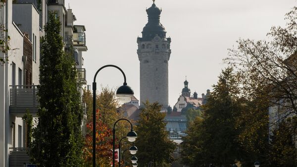 Вид на башню Новой ратуши в Лейпциге.