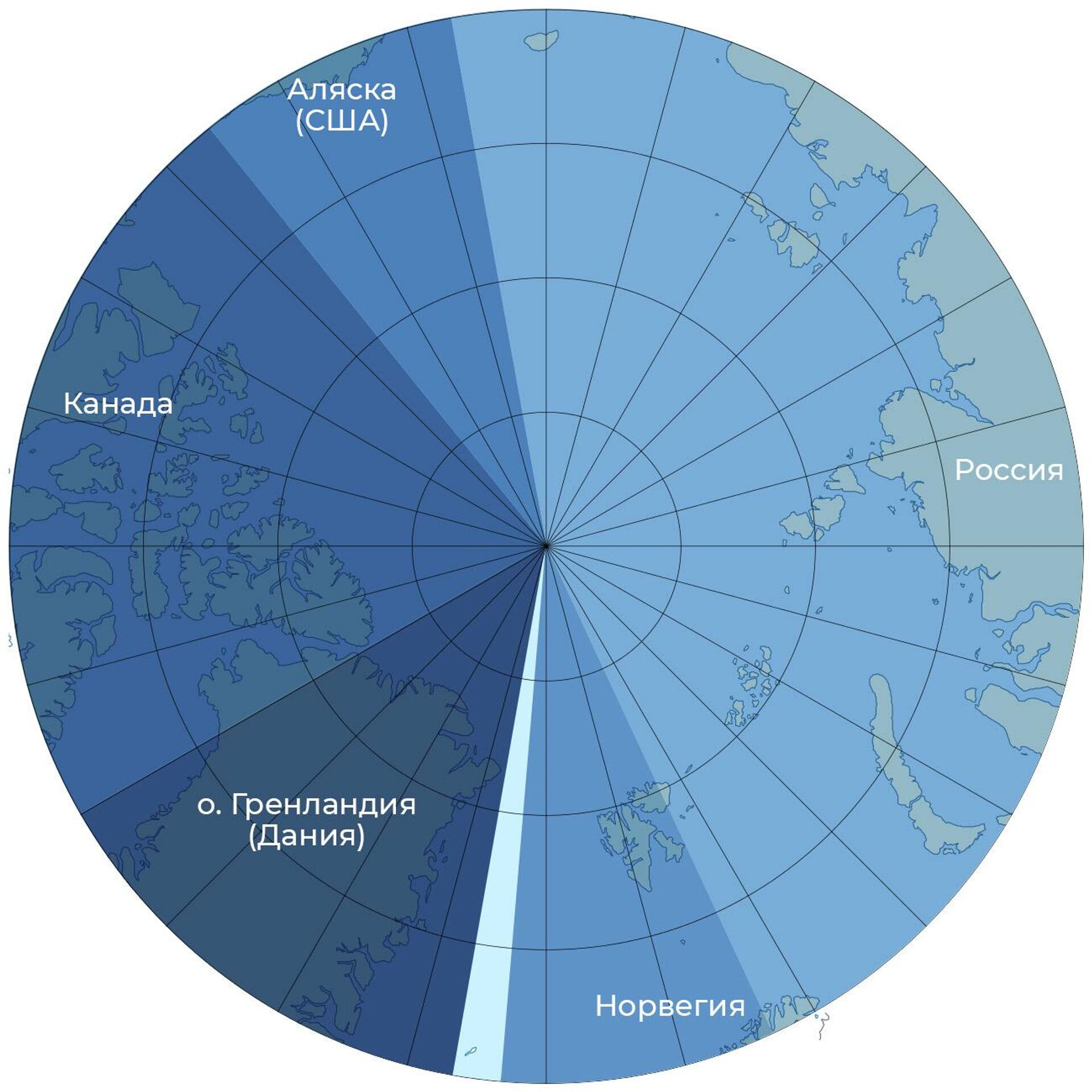 Деление Арктики согласно секторальному подходу на пять зон: российскую, американскую, канадскую, датскую и норвежскую - РИА Новости, 1920, 20.06.2022