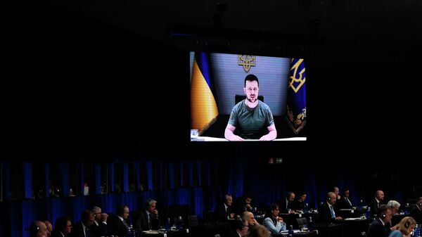 Президент Украины Владимир Зеленский выступает по видеосвязи на саммите НАТО в Мадриде