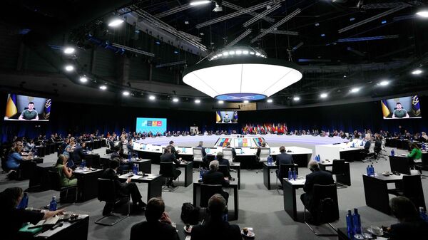 Президент Украины Владимир Зеленский выступает по видеосвязи на саммите НАТО