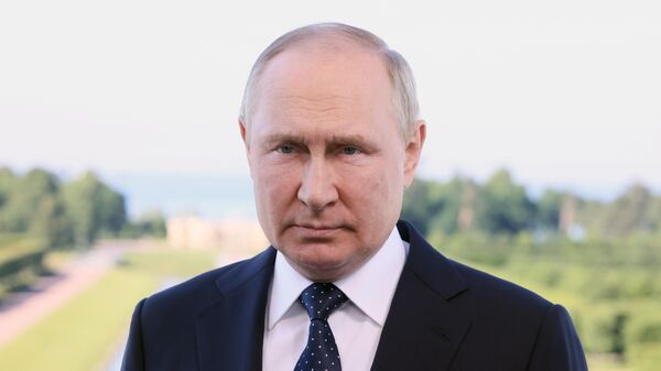 Президент РФ Владимир Путин обращается с видеоприветствием к участникам пленарного заседания X Петербургского международного юридического форума