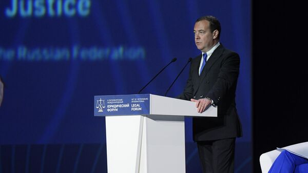 Заместитель председателя Совета безопасности России Дмитрий Медведев на Петербургском международном юридическом форуме-2022