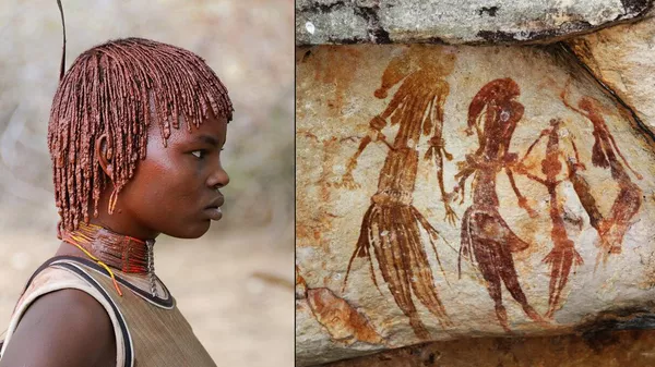 Люди племени хамер, живущие в Эфиопии, и сегодня покрывают лицо и волосы красной охрой / Наскальные рисунки палеолитического периода в районе Кимберли в Западной Австралии
